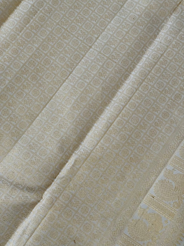 Exclusive Kanchipuram Pure Silk Saree | Off White | Ven Pattu | Pure Zari | Handwoven | Ships from California | Pushpam - ShopNaya Exclusive
